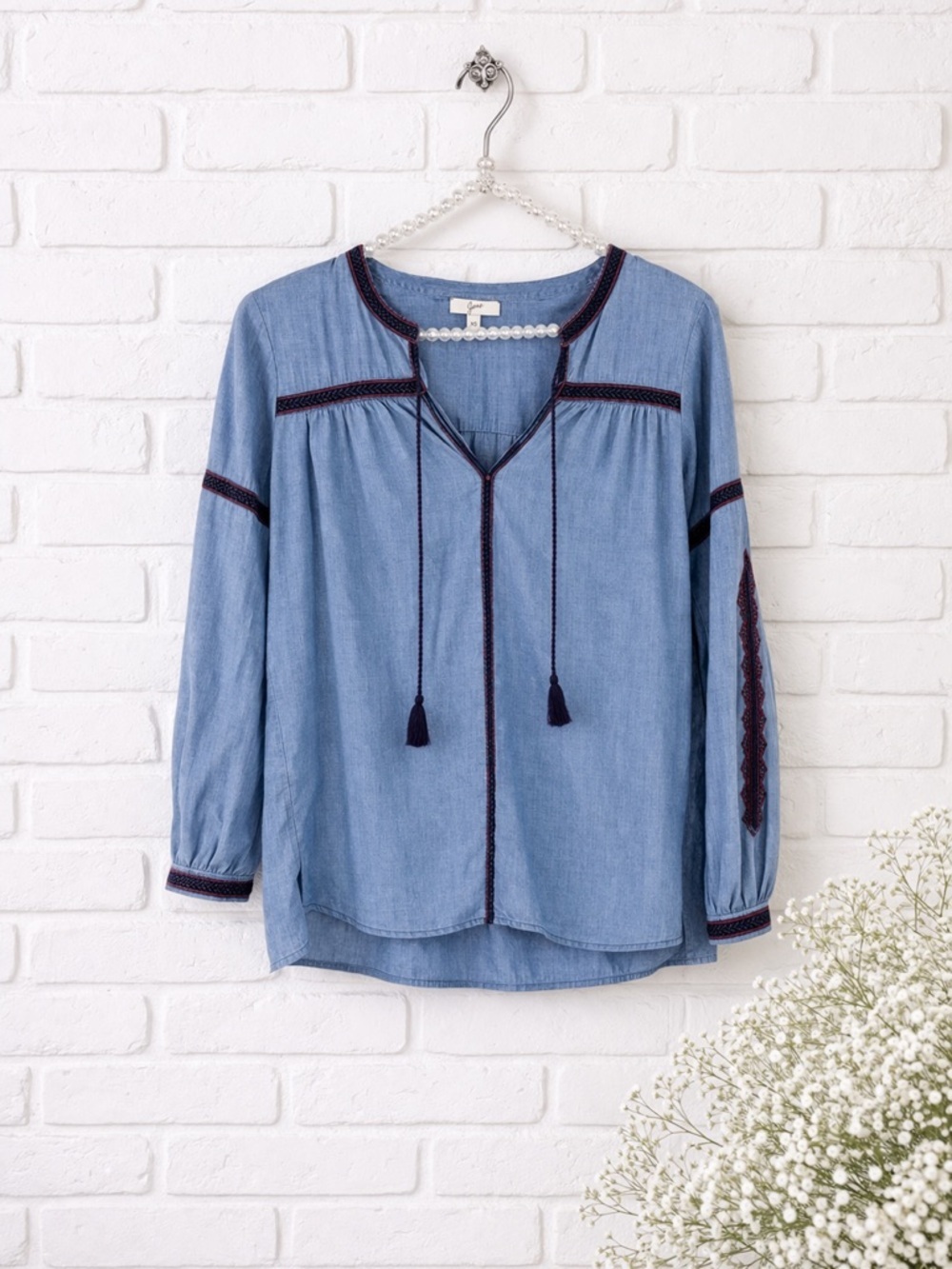 Joie Marlen Embroidered Chambray Blouse Size XS